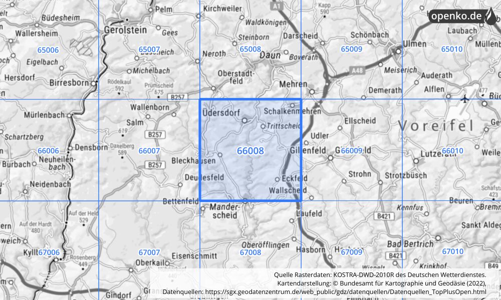 Übersichtskarte KOSTRA-DWD-2010R Rasterfeld Nr. 66008 mit angrenzenden Feldern