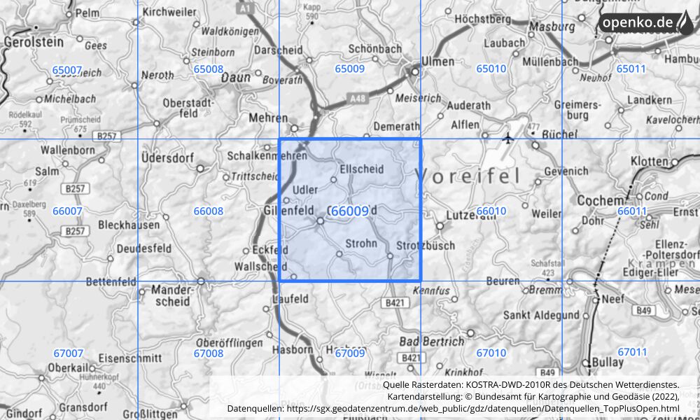 Übersichtskarte KOSTRA-DWD-2010R Rasterfeld Nr. 66009 mit angrenzenden Feldern