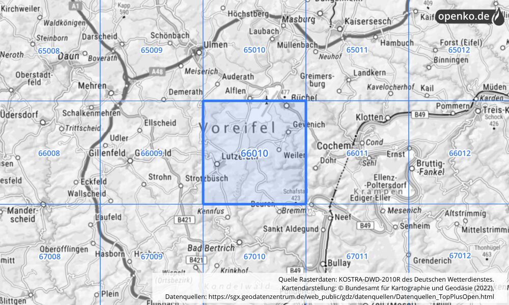 Übersichtskarte KOSTRA-DWD-2010R Rasterfeld Nr. 66010 mit angrenzenden Feldern