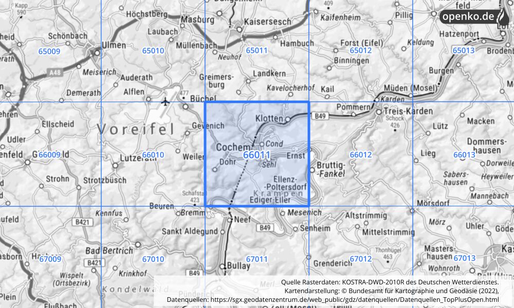 Übersichtskarte KOSTRA-DWD-2010R Rasterfeld Nr. 66011 mit angrenzenden Feldern