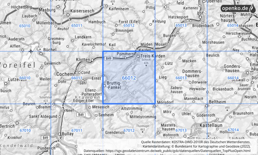 Übersichtskarte KOSTRA-DWD-2010R Rasterfeld Nr. 66012 mit angrenzenden Feldern