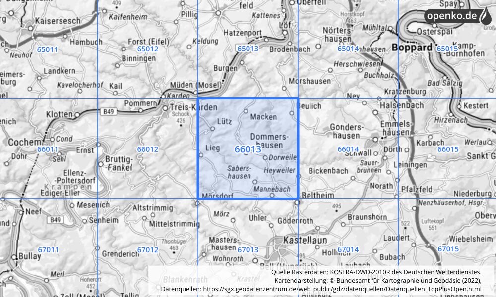 Übersichtskarte KOSTRA-DWD-2010R Rasterfeld Nr. 66013 mit angrenzenden Feldern