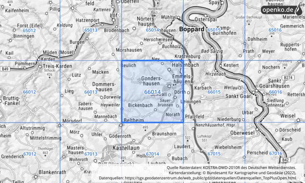 Übersichtskarte KOSTRA-DWD-2010R Rasterfeld Nr. 66014 mit angrenzenden Feldern