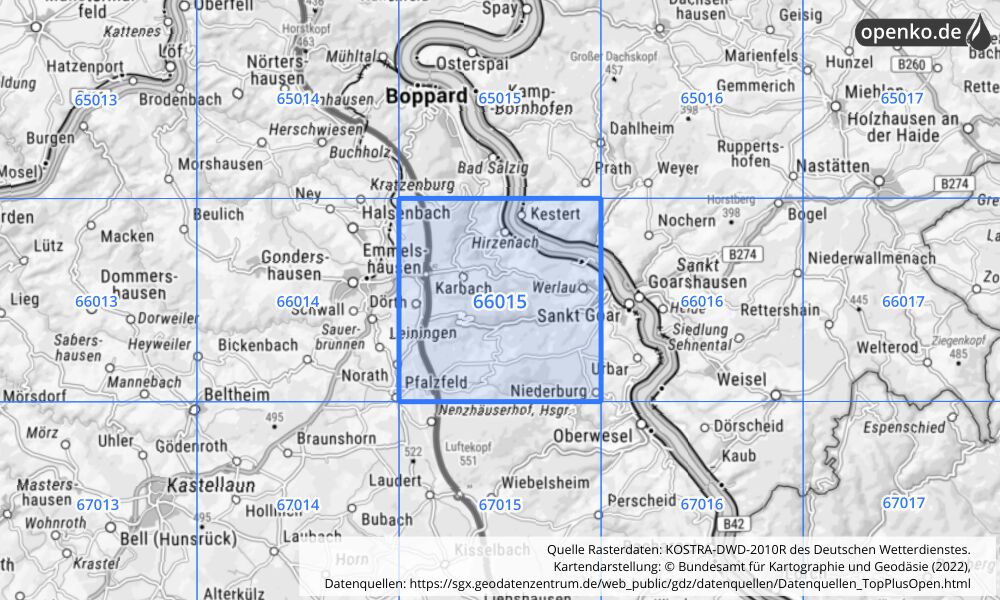 Übersichtskarte KOSTRA-DWD-2010R Rasterfeld Nr. 66015 mit angrenzenden Feldern