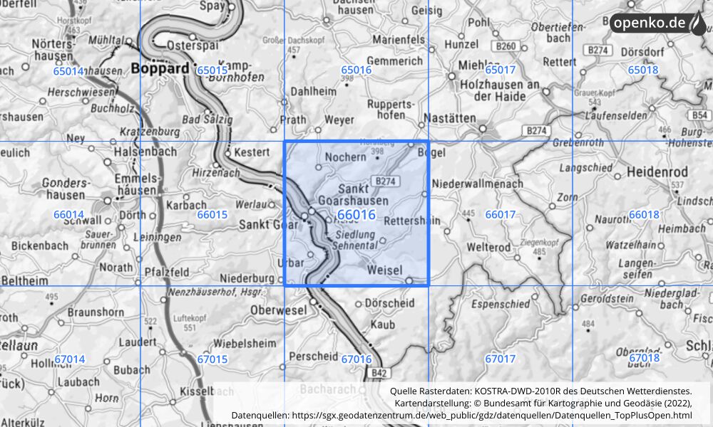 Übersichtskarte KOSTRA-DWD-2010R Rasterfeld Nr. 66016 mit angrenzenden Feldern