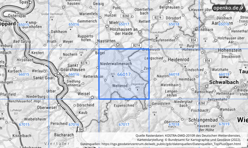 Übersichtskarte KOSTRA-DWD-2010R Rasterfeld Nr. 66017 mit angrenzenden Feldern