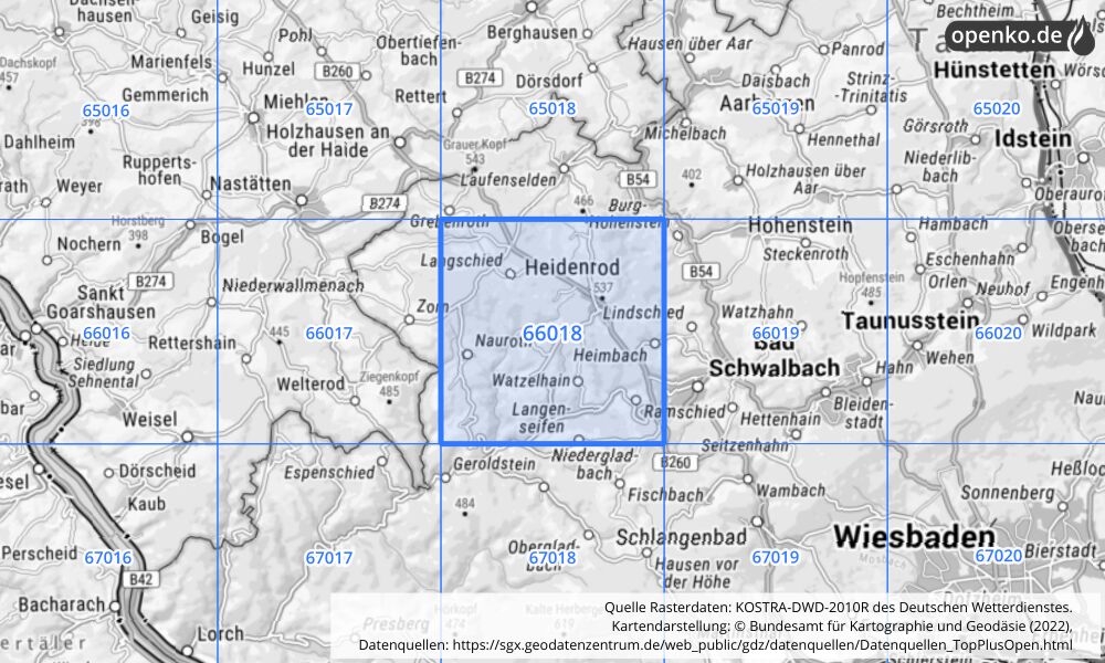 Übersichtskarte KOSTRA-DWD-2010R Rasterfeld Nr. 66018 mit angrenzenden Feldern