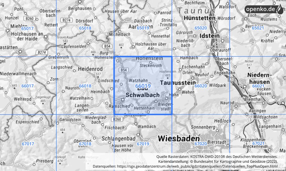 Übersichtskarte KOSTRA-DWD-2010R Rasterfeld Nr. 66019 mit angrenzenden Feldern