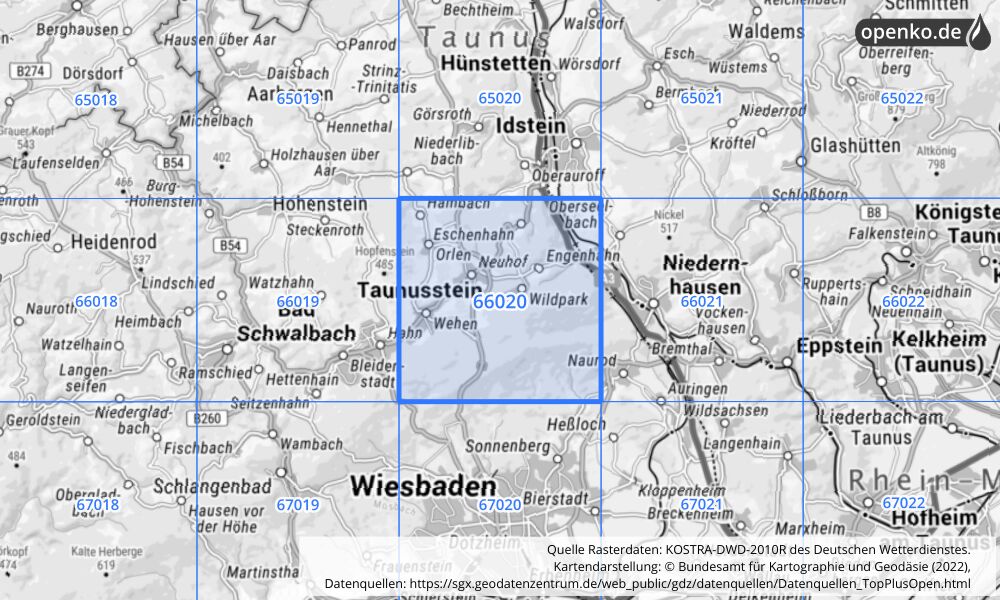 Übersichtskarte KOSTRA-DWD-2010R Rasterfeld Nr. 66020 mit angrenzenden Feldern