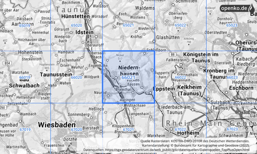 Übersichtskarte KOSTRA-DWD-2010R Rasterfeld Nr. 66021 mit angrenzenden Feldern