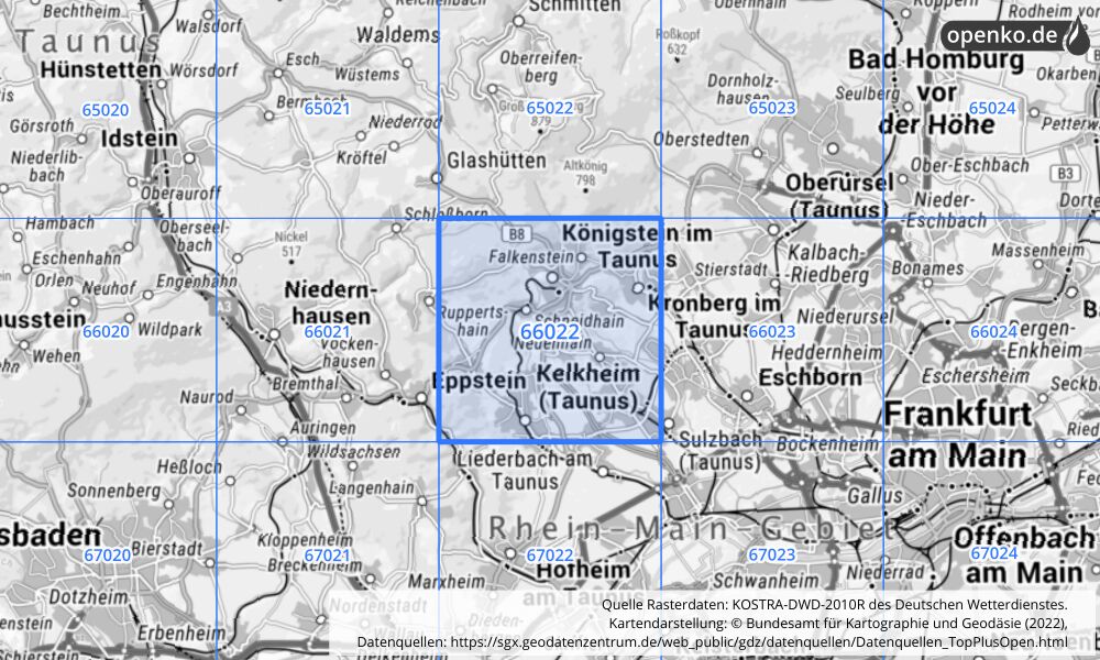 Übersichtskarte KOSTRA-DWD-2010R Rasterfeld Nr. 66022 mit angrenzenden Feldern