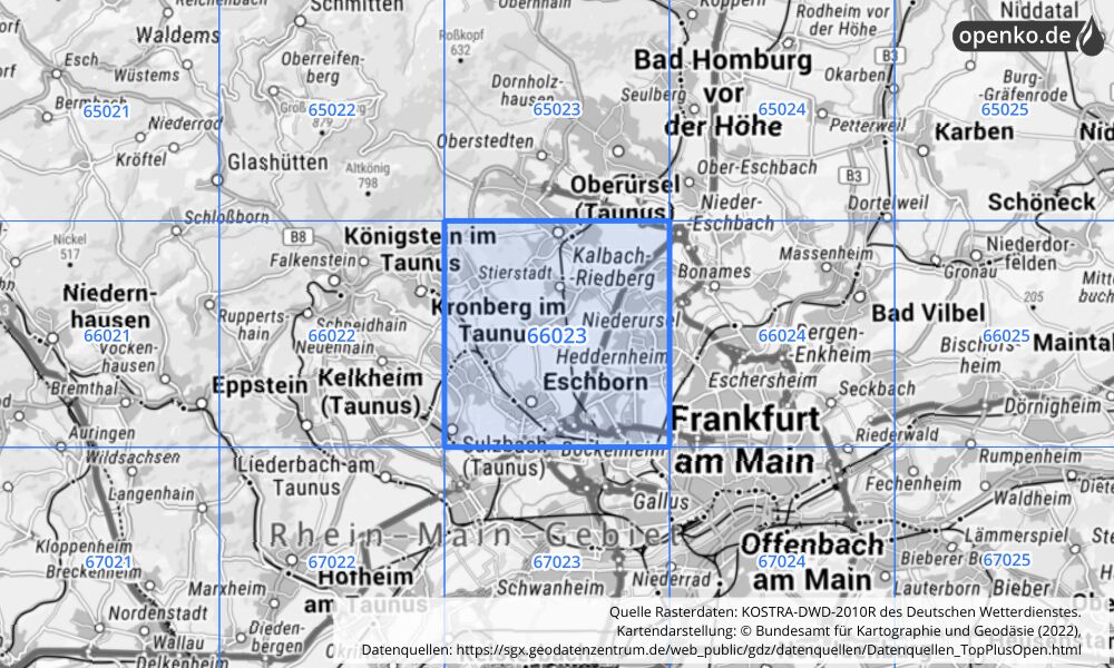 Übersichtskarte KOSTRA-DWD-2010R Rasterfeld Nr. 66023 mit angrenzenden Feldern