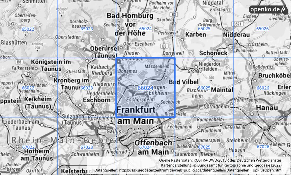 Übersichtskarte KOSTRA-DWD-2010R Rasterfeld Nr. 66024 mit angrenzenden Feldern