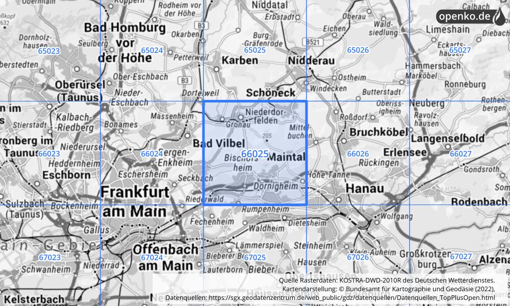 Übersichtskarte KOSTRA-DWD-2010R Rasterfeld Nr. 66025 mit angrenzenden Feldern