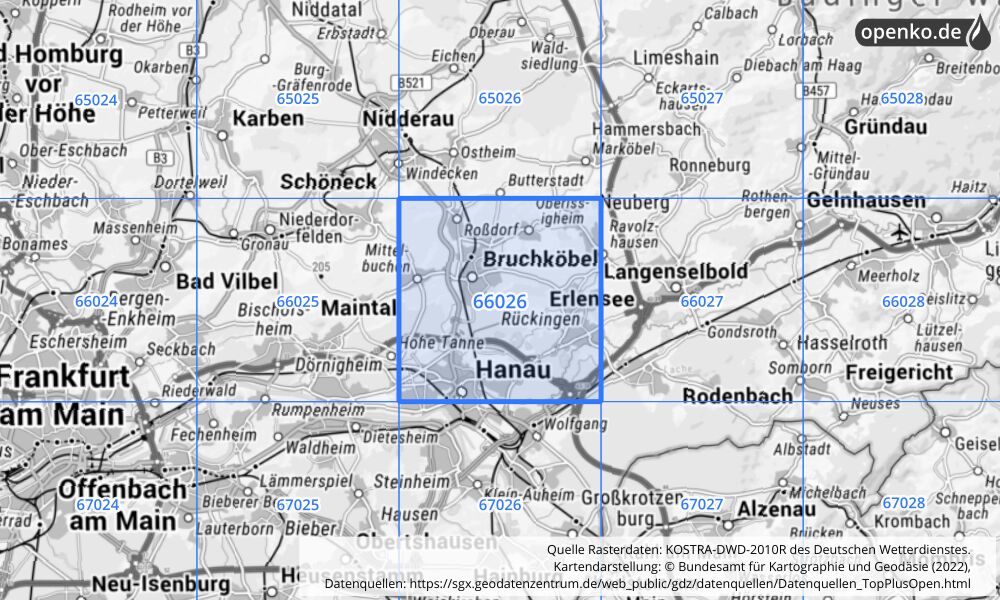 Übersichtskarte KOSTRA-DWD-2010R Rasterfeld Nr. 66026 mit angrenzenden Feldern