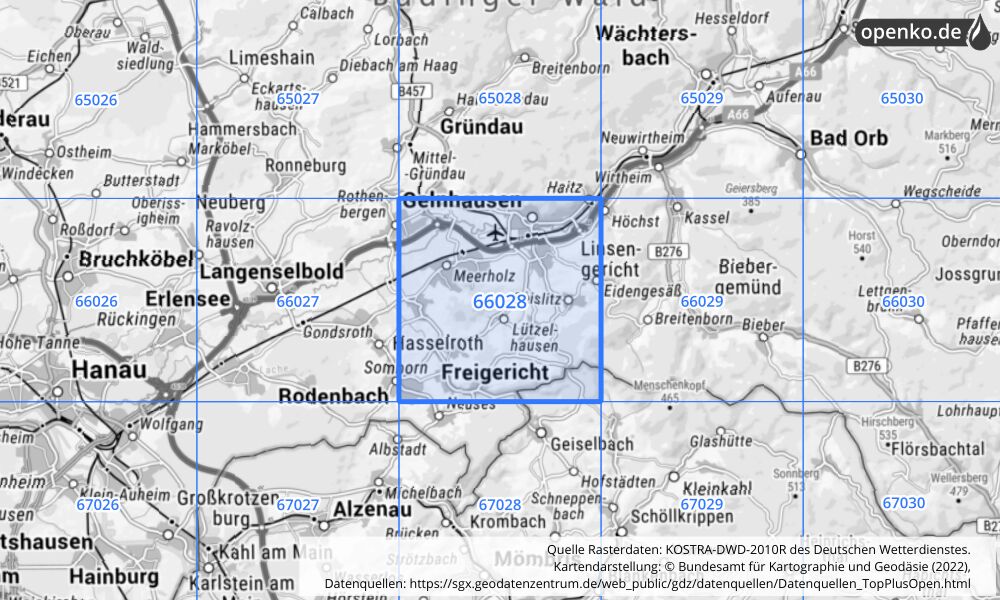 Übersichtskarte KOSTRA-DWD-2010R Rasterfeld Nr. 66028 mit angrenzenden Feldern