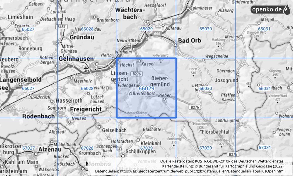 Übersichtskarte KOSTRA-DWD-2010R Rasterfeld Nr. 66029 mit angrenzenden Feldern