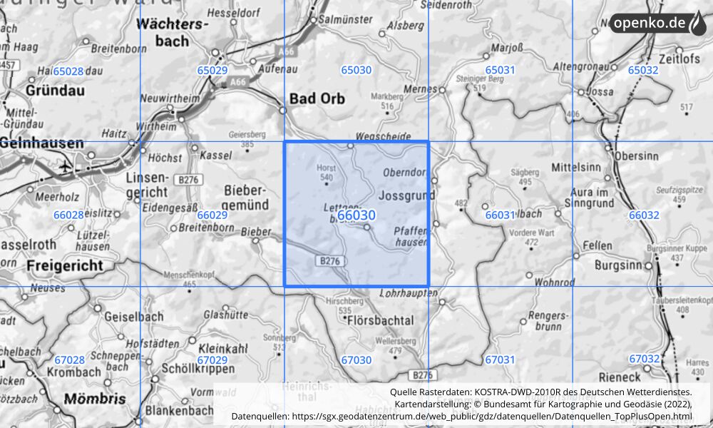 Übersichtskarte KOSTRA-DWD-2010R Rasterfeld Nr. 66030 mit angrenzenden Feldern