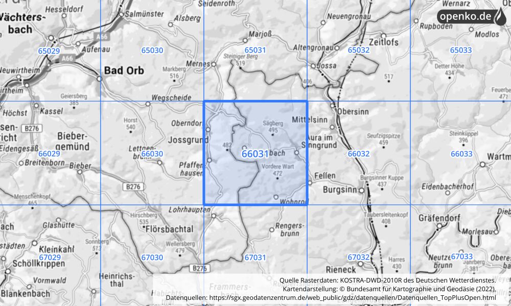 Übersichtskarte KOSTRA-DWD-2010R Rasterfeld Nr. 66031 mit angrenzenden Feldern