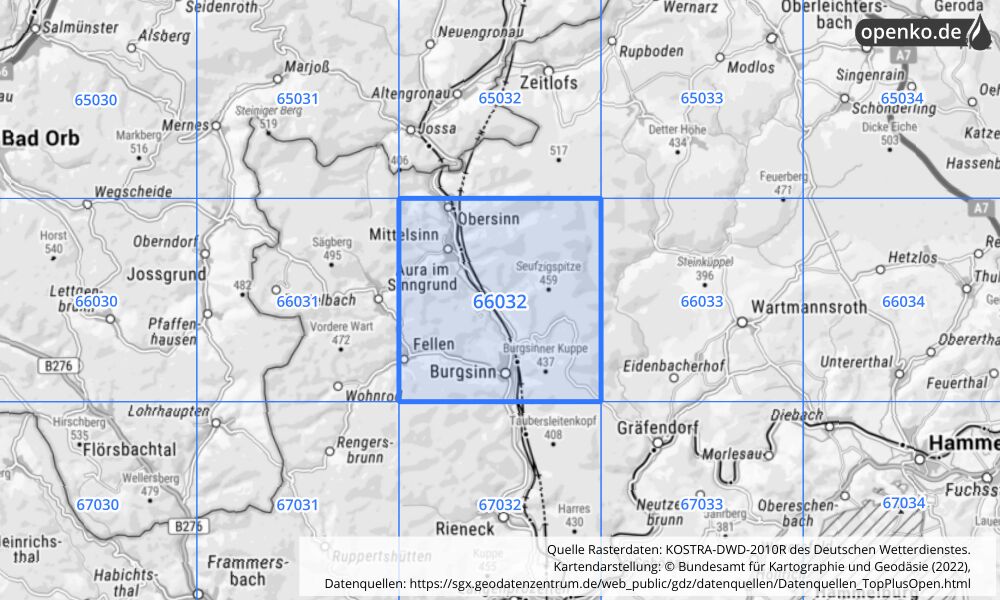 Übersichtskarte KOSTRA-DWD-2010R Rasterfeld Nr. 66032 mit angrenzenden Feldern