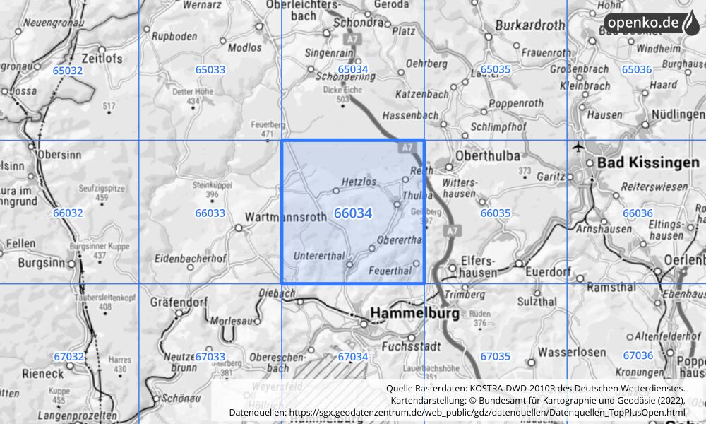 Übersichtskarte KOSTRA-DWD-2010R Rasterfeld Nr. 66034 mit angrenzenden Feldern