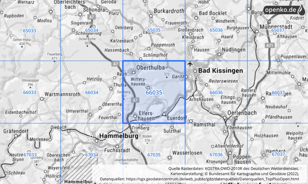 Übersichtskarte KOSTRA-DWD-2010R Rasterfeld Nr. 66035 mit angrenzenden Feldern