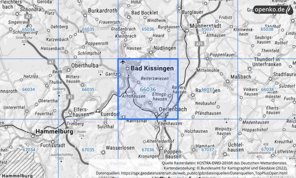 Übersichtskarte KOSTRA-DWD-2010R Rasterfeld Nr. 66036 mit angrenzenden Feldern