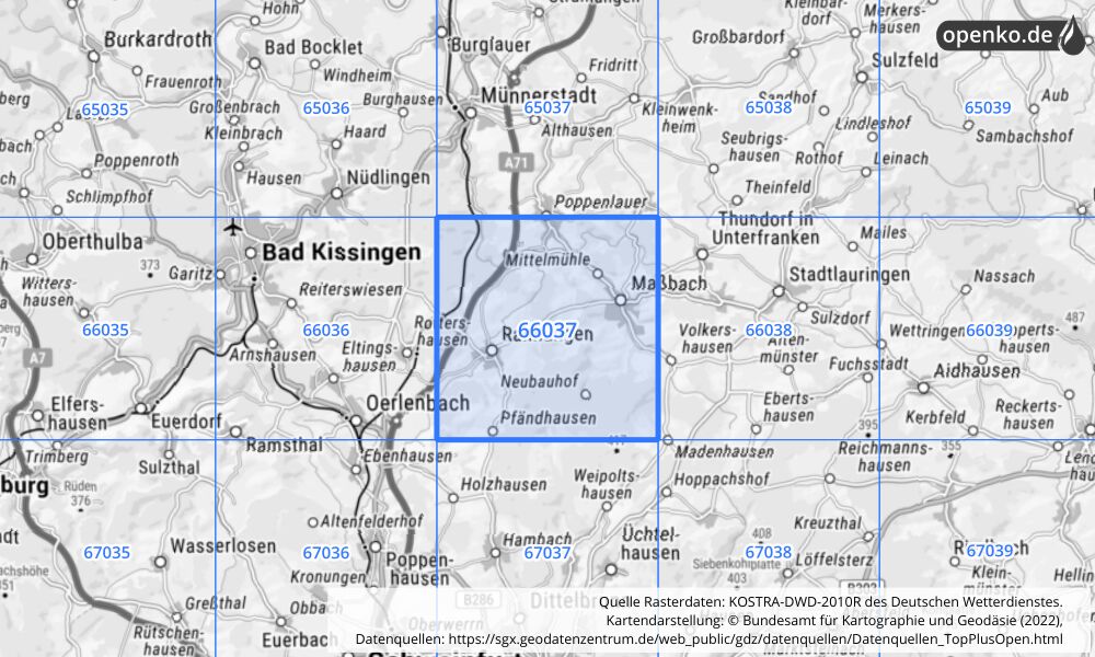 Übersichtskarte KOSTRA-DWD-2010R Rasterfeld Nr. 66037 mit angrenzenden Feldern