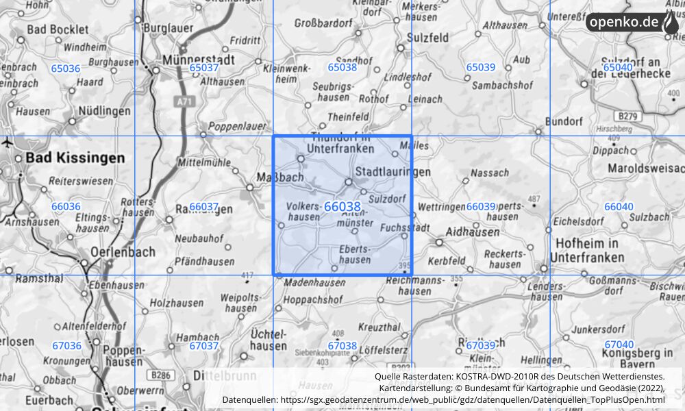 Übersichtskarte KOSTRA-DWD-2010R Rasterfeld Nr. 66038 mit angrenzenden Feldern