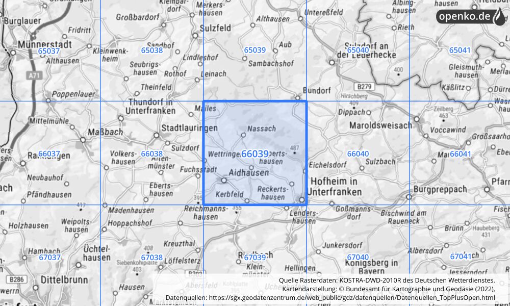 Übersichtskarte KOSTRA-DWD-2010R Rasterfeld Nr. 66039 mit angrenzenden Feldern