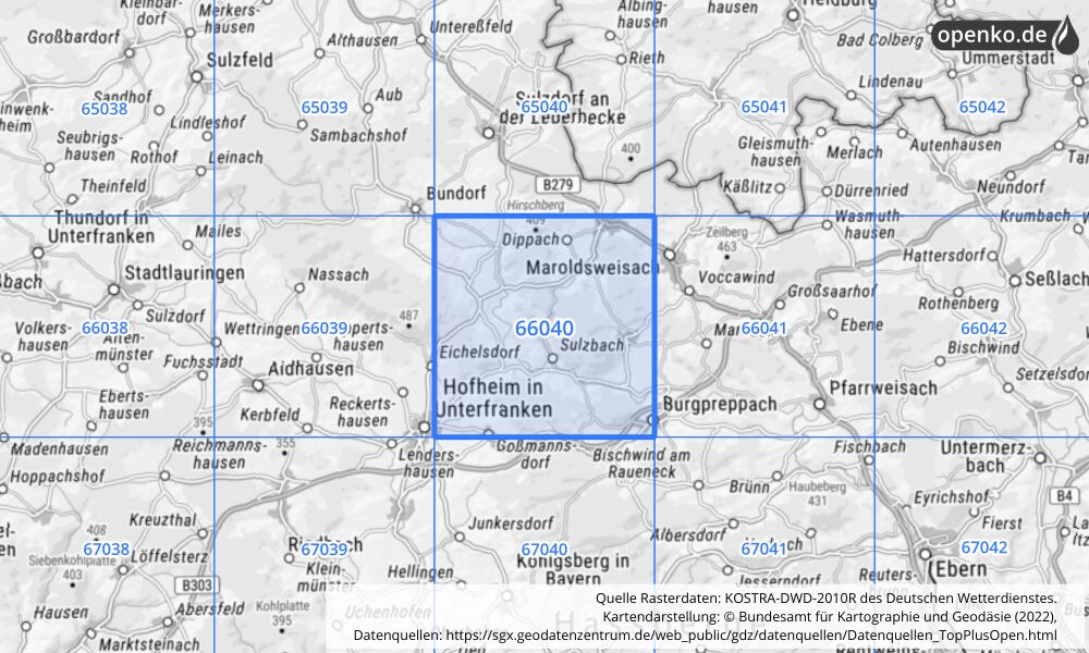 Übersichtskarte KOSTRA-DWD-2010R Rasterfeld Nr. 66040 mit angrenzenden Feldern