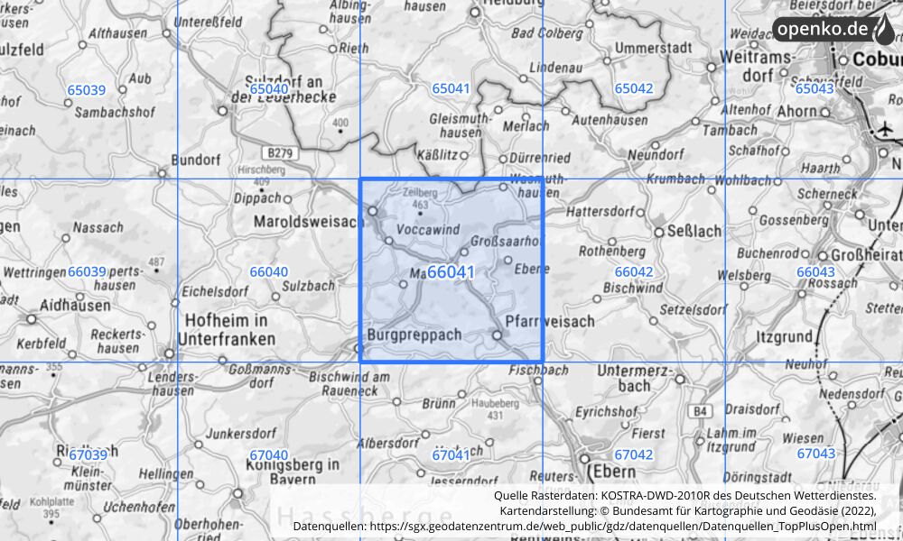 Übersichtskarte KOSTRA-DWD-2010R Rasterfeld Nr. 66041 mit angrenzenden Feldern