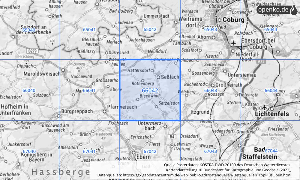 Übersichtskarte KOSTRA-DWD-2010R Rasterfeld Nr. 66042 mit angrenzenden Feldern