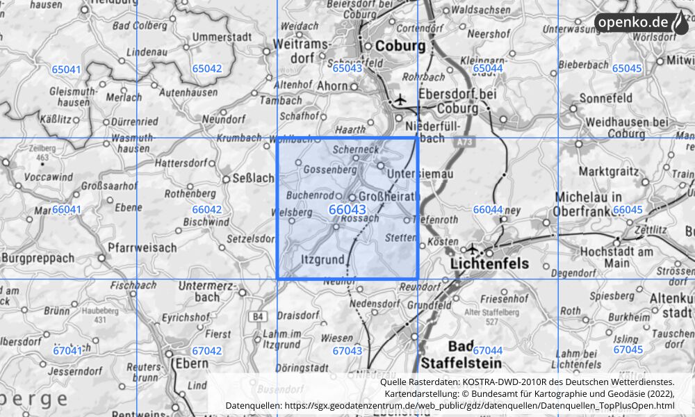 Übersichtskarte KOSTRA-DWD-2010R Rasterfeld Nr. 66043 mit angrenzenden Feldern