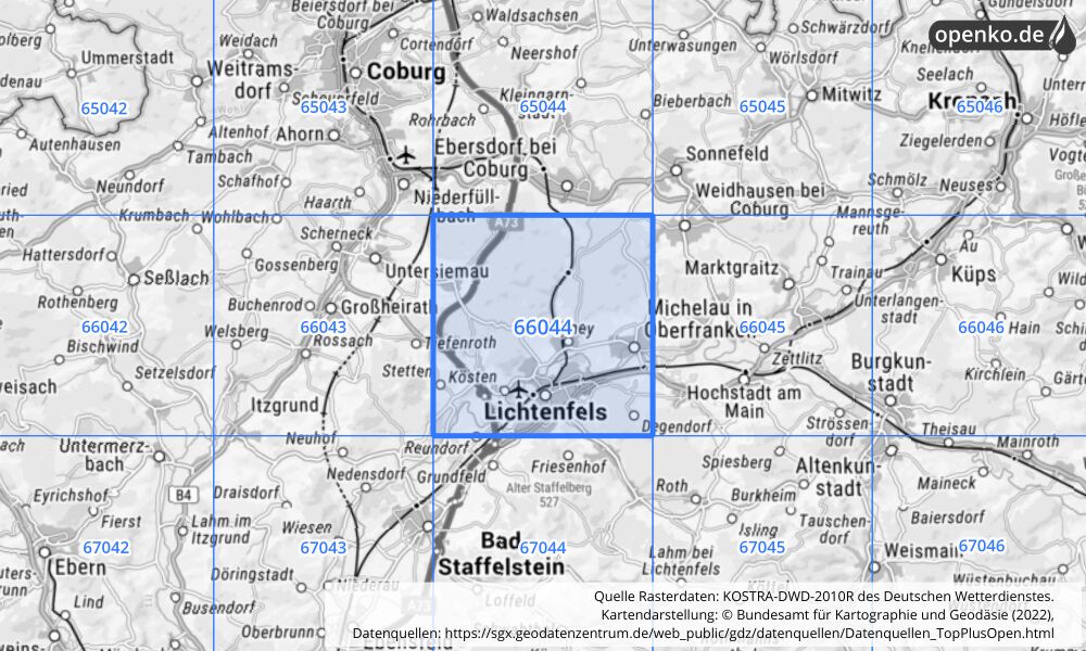 Übersichtskarte KOSTRA-DWD-2010R Rasterfeld Nr. 66044 mit angrenzenden Feldern