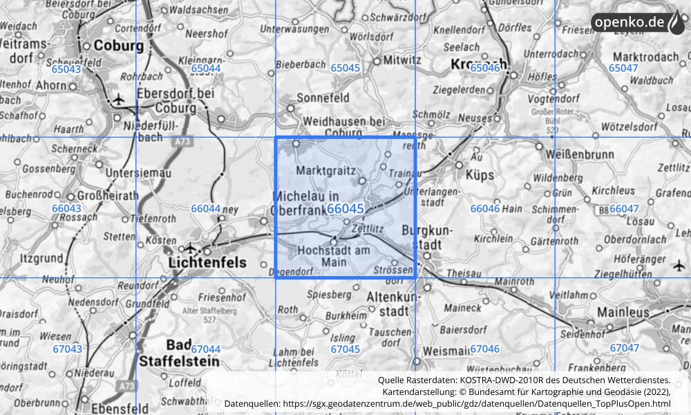 Übersichtskarte KOSTRA-DWD-2010R Rasterfeld Nr. 66045 mit angrenzenden Feldern