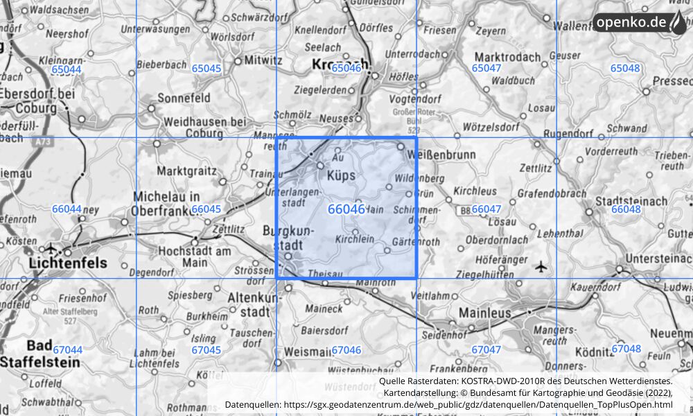 Übersichtskarte KOSTRA-DWD-2010R Rasterfeld Nr. 66046 mit angrenzenden Feldern