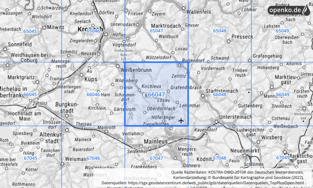 Übersichtskarte KOSTRA-DWD-2010R Rasterfeld Nr. 66047 mit angrenzenden Feldern