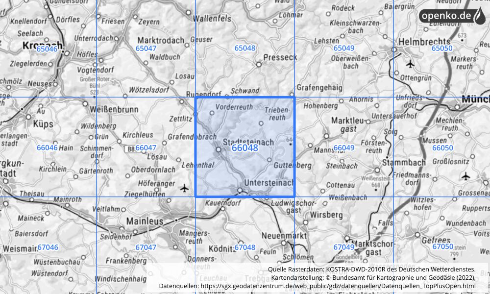 Übersichtskarte KOSTRA-DWD-2010R Rasterfeld Nr. 66048 mit angrenzenden Feldern