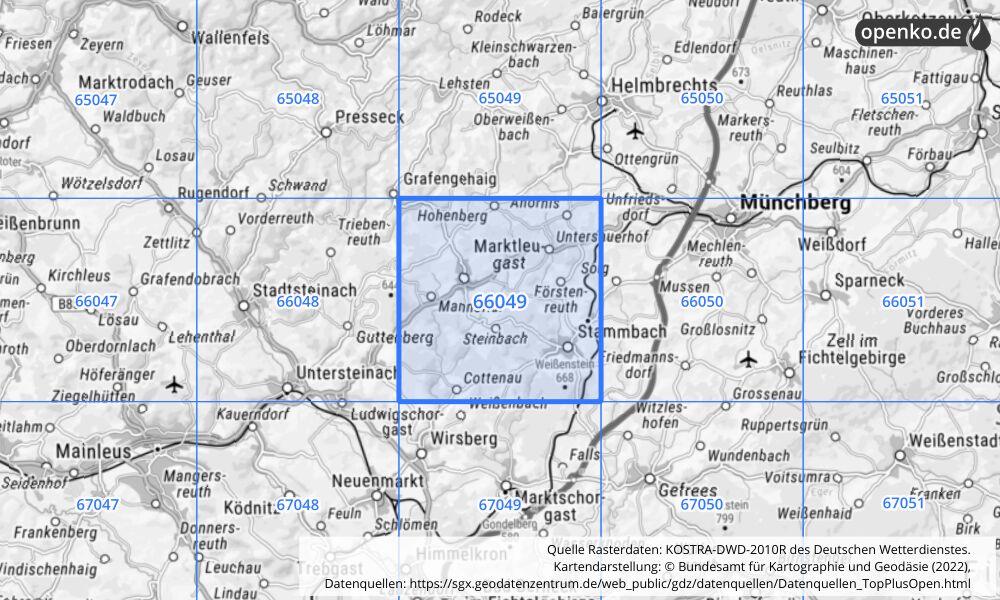 Übersichtskarte KOSTRA-DWD-2010R Rasterfeld Nr. 66049 mit angrenzenden Feldern