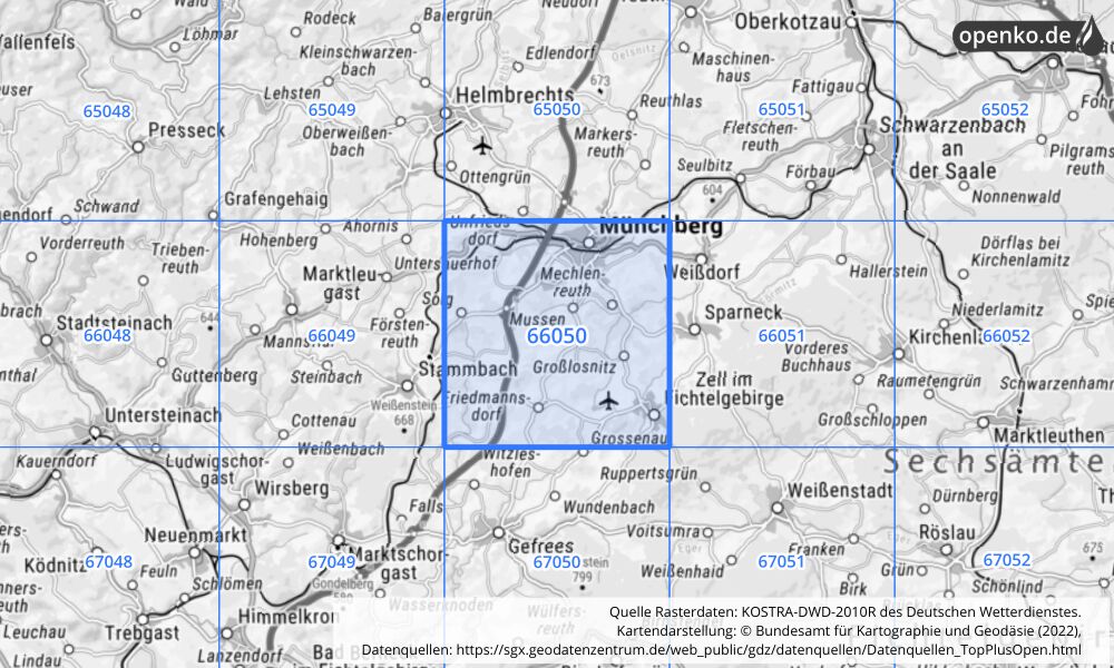 Übersichtskarte KOSTRA-DWD-2010R Rasterfeld Nr. 66050 mit angrenzenden Feldern