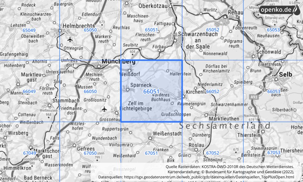 Übersichtskarte KOSTRA-DWD-2010R Rasterfeld Nr. 66051 mit angrenzenden Feldern