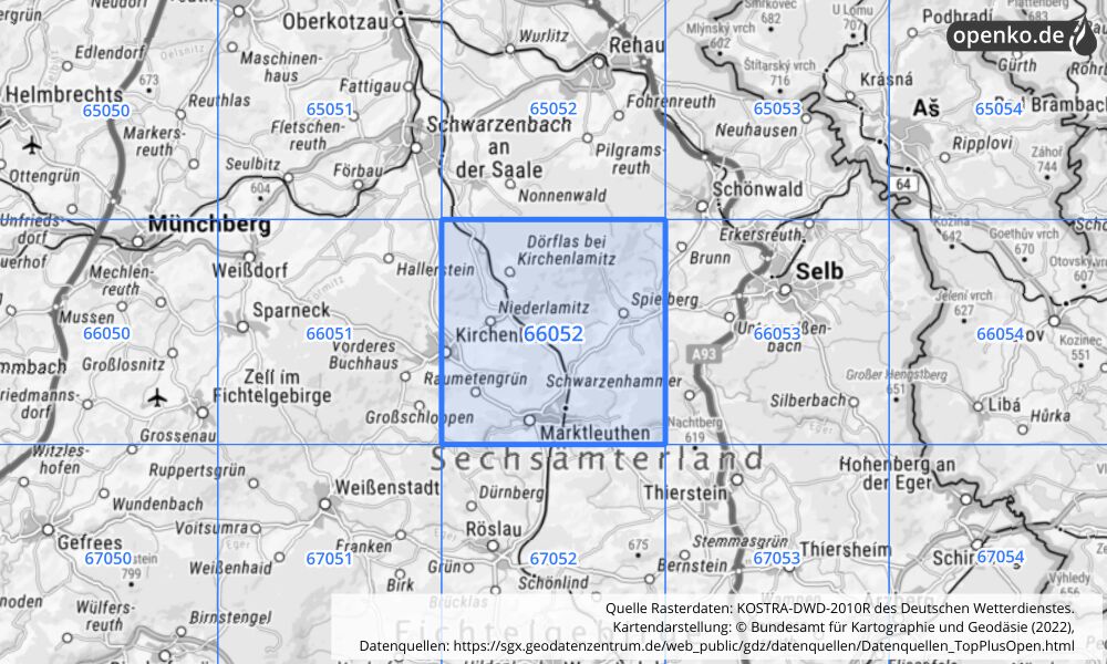 Übersichtskarte KOSTRA-DWD-2010R Rasterfeld Nr. 66052 mit angrenzenden Feldern