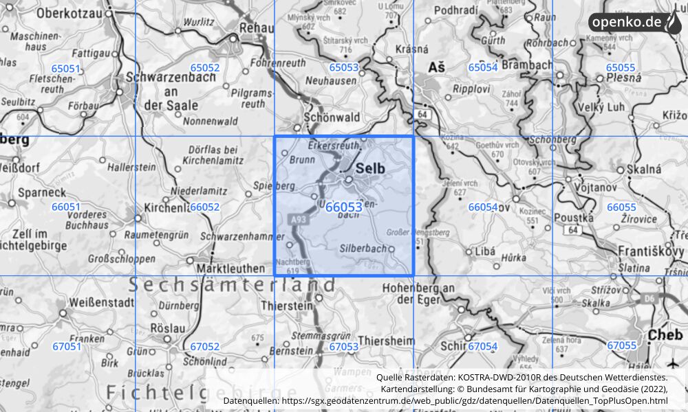 Übersichtskarte KOSTRA-DWD-2010R Rasterfeld Nr. 66053 mit angrenzenden Feldern