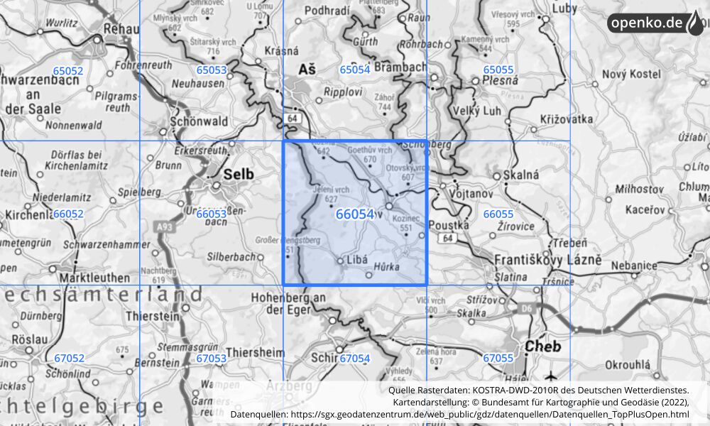 Übersichtskarte KOSTRA-DWD-2010R Rasterfeld Nr. 66054 mit angrenzenden Feldern