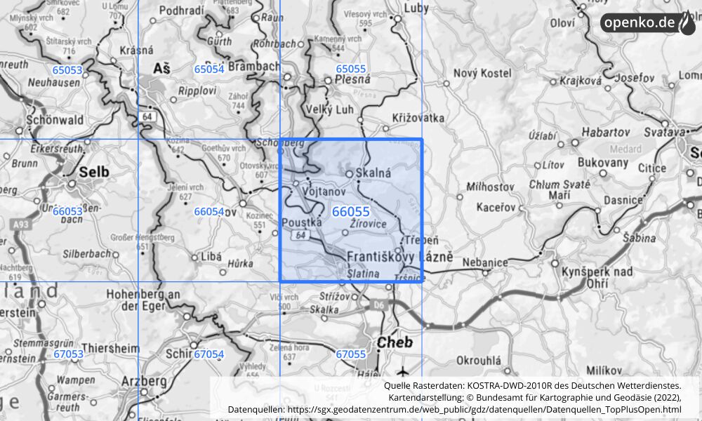 Übersichtskarte KOSTRA-DWD-2010R Rasterfeld Nr. 66055 mit angrenzenden Feldern