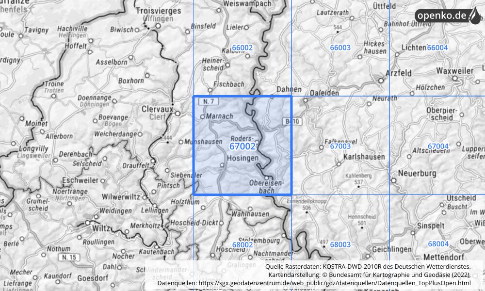 Übersichtskarte KOSTRA-DWD-2010R Rasterfeld Nr. 67002 mit angrenzenden Feldern