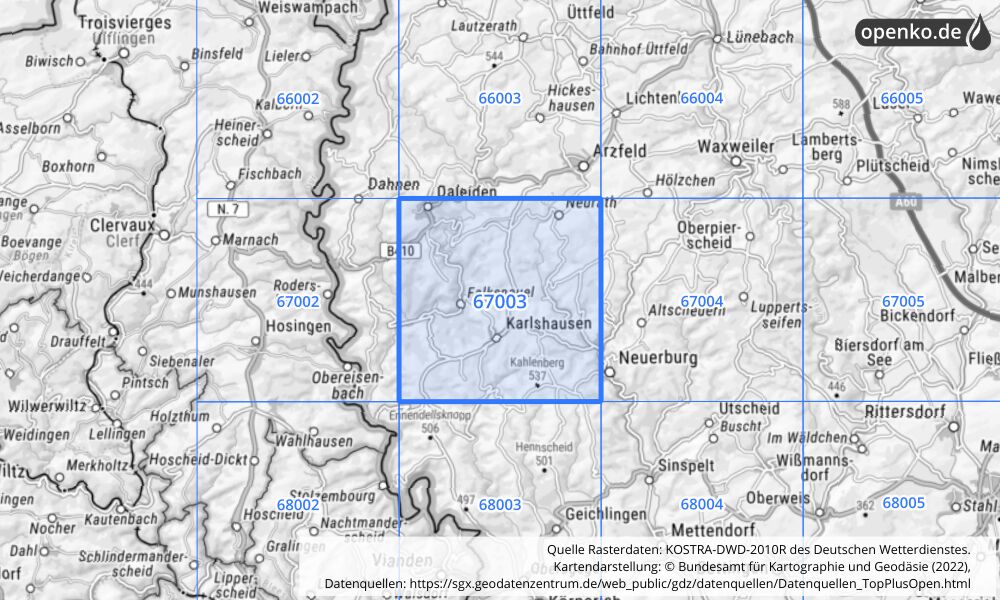 Übersichtskarte KOSTRA-DWD-2010R Rasterfeld Nr. 67003 mit angrenzenden Feldern