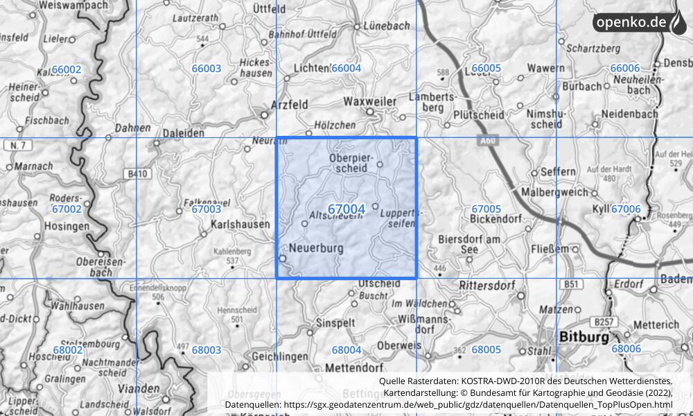 Übersichtskarte KOSTRA-DWD-2010R Rasterfeld Nr. 67004 mit angrenzenden Feldern