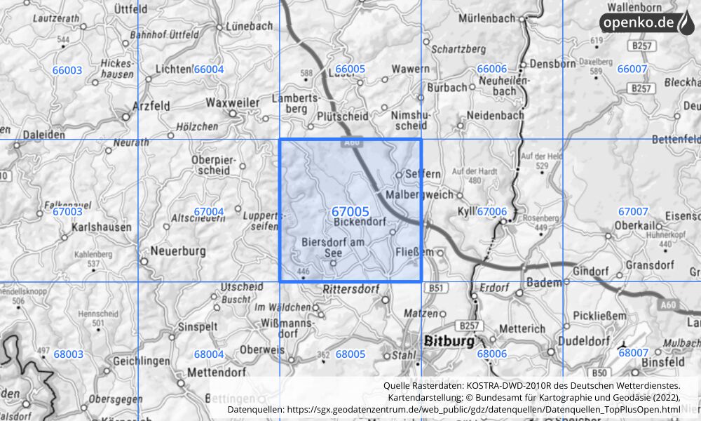 Übersichtskarte KOSTRA-DWD-2010R Rasterfeld Nr. 67005 mit angrenzenden Feldern